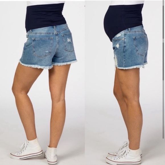 Pinkblush Dark Wash Distressed Fringe Hem Maternity Full Panel Jean Shorts - Picture 2 of 11
